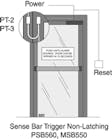 1. Illustration of typical #1581 application on a single door using a REX bar, door cord circuit transfer and wall mounted reset (not shown are the power supply and the fire alarm connection)