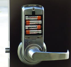 Four AA batteries power this lock Four AA batteries power this lock