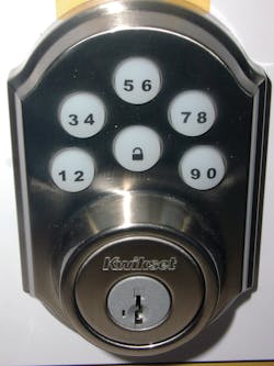Kwikset SmartCode keypad, five numbered buttons and one &apos;Lock&apos; button