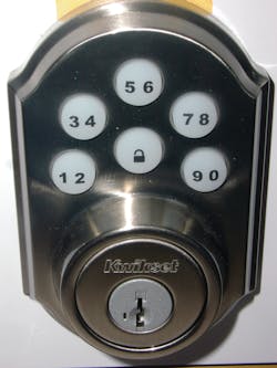 Kwikset SmartCode keypad, five numbered buttons and one 'Lock' button Kwikset SmartCode keypad, five numbered buttons and one 'Lock' button