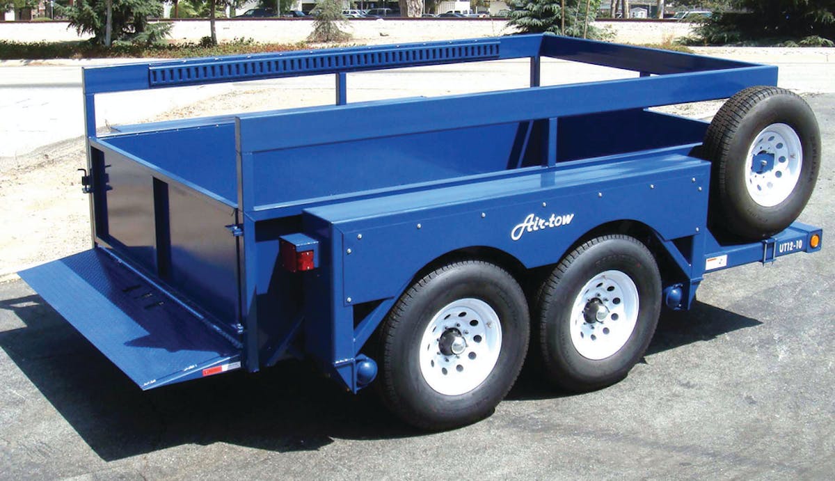 Air-Tow trailer fully dressed with E-rails, removable tailgate and spare tire.
