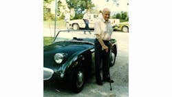 Photo 1: Donald Healey, legendary designer of the Austin Healey line, standing next to Steve Young’s 1959 Austin Healey Sprite, which does not have locking doors. Photo 1: Donald Healey, legendary designer of the Austin Healey line, standing next to Steve Young’s 1959 Austin Healey Sprite, which does not have locking doors.