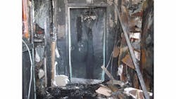 Extreme fire damage on closed side of door Extreme fire damage on closed side of door