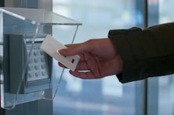 A biometric card uses the installed card reader to unlock the door. A biometric card uses the installed card reader to unlock the door.