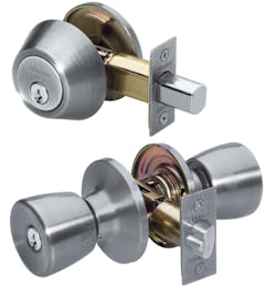 Master Lock residential door hardware includes this Satin Nickel Deadbolt &amp; Tulip Knob