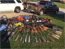 1000 balls, 150 bats, 200 mitts, 61 helmets, 40 equipment bags, and an assortment of jerseys, cleats, batting gloves, and catchers’ gear. 1000 balls, 150 bats, 200 mitts, 61 helmets, 40 equipment bags, and an assortment of jerseys, cleats, batting gloves, and catchers’ gear.