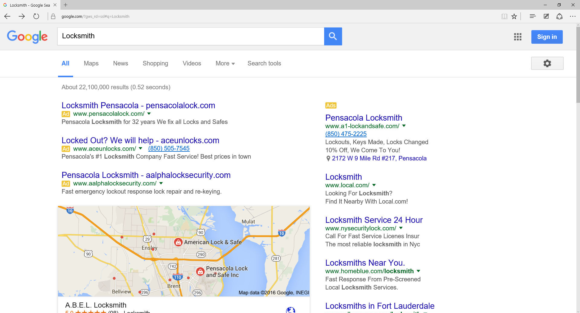 Photo 1. Top segment of Google search results showing only paid advertising