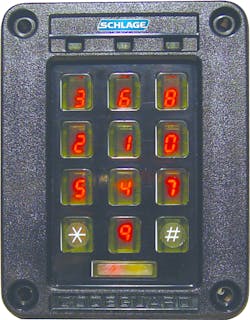 The Schlage SERlll-W Scramble Keypad is a keypad reader designed to prevent onlookers from detecting the PIN being entered. The LEDs display a randomly allocated set of numbers from 0 to 9. The position of the numbers change every time the keypad is activated. Only the user standing directly in front of the keypad can see the scrambled digits.