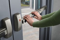 Sargent 80 Series. Note that the push bar extends more than half the width of the door. Sargent 80 Series. Note that the push bar extends more than half the width of the door.