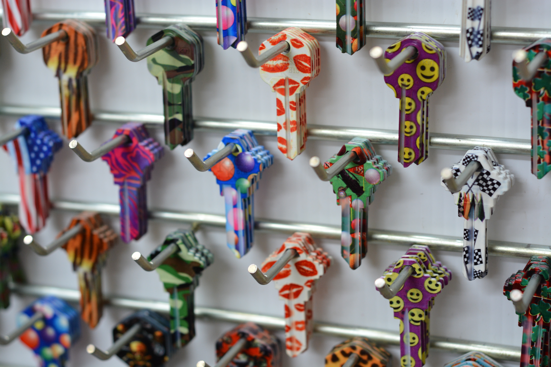 Decorative key blanks, wall-mounted display