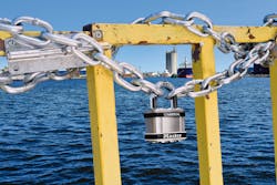Master Lock commercial Magnum padlock in harsh marina environment Master Lock commercial Magnum padlock in harsh marina environment