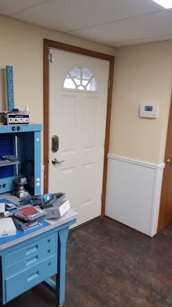 This picture says it all from a wireless standpoint. Here you have a wireless transmitter atop the door, a wireless electronic lock, and the alarm system keypad that controls the wireless sensors. This picture says it all from a wireless standpoint. Here you have a wireless transmitter atop the door, a wireless electronic lock, and the alarm system keypad that controls the wireless sensors.