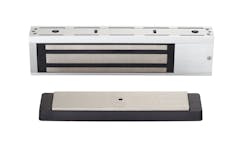 An electromagnetic lock incorporates an electromagnetic in a housing mounted on the frame, with a steel armature mounted on the door. When power is applied, the door is locked. An electromagnetic lock incorporates an electromagnetic in a housing mounted on the frame, with a steel armature mounted on the door. When power is applied, the door is locked.