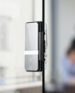 The Adams Rite&circledR; G100 wireless digital glass lock for all-glass openings