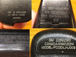 Photo 1: Typical FCC ID Numbers. If the remote is an aftermarket or a re-shelled remote, the FCC ID may not be present or may be incorrect. Photo 1: Typical FCC ID Numbers. If the remote is an aftermarket or a re-shelled remote, the FCC ID may not be present or may be incorrect.