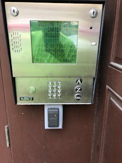 A Doorking access control card reader added to a cellular-based intercom with directory