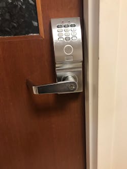 This fire-rated door installed in a hospital setting comes equipped with hardware that maintains its fire rating. This fire-rated door installed in a hospital setting comes equipped with hardware that maintains its fire rating.