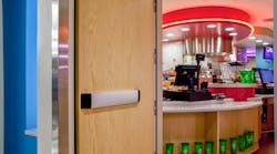 High-traffic areas are good fits for an electromagnetic door holder, but it must comply with fire-door regulations.
