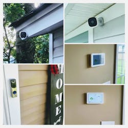 Security and doorbell cameras and smart thermostats or hubs are possible components of a home-automation system.