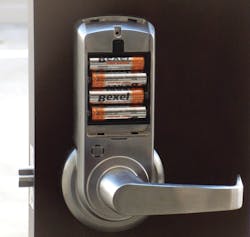 Four AA batteries power this lock Four AA batteries power this lock