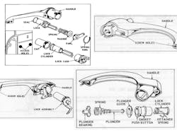 An early type of automotive door lock. When locked, the push-button wouldn’t operate the door latch. An early type of automotive door lock. When locked, the push-button wouldn’t operate the door latch.