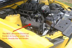 Image 11: The trunk relay is located in the BCC (Bussed Electrical Center), which is located under the hood near the left fender.