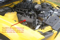 Image 11: The trunk relay is located in the BCC (Bussed Electrical Center), which is located under the hood near the left fender. Image 11: The trunk relay is located in the BCC (Bussed Electrical Center), which is located under the hood near the left fender.