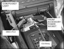 Image 4: At the front of the Acura TL console, an unlabeled plastic panel has to be removed before you can plug into the port. (The cut-away section has nothing to do with the OBD-II port.) On some vehicles you may have to remove the ashtray to gain access to the port.