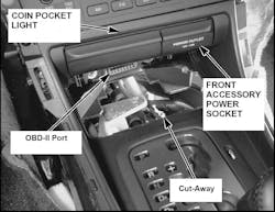 Image 4: At the front of the Acura TL console, an unlabeled plastic panel has to be removed before you can plug into the port. (The cut-away section has nothing to do with the OBD-II port.) On some vehicles you may have to remove the ashtray to gain access to the port. Image 4: At the front of the Acura TL console, an unlabeled plastic panel has to be removed before you can plug into the port. (The cut-away section has nothing to do with the OBD-II port.) On some vehicles you may have to remove the ashtray to gain access to the port.