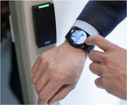 An HID reader reads a mobile credential on a smart watch.