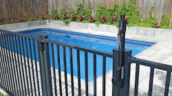 Pool gate with latch and hinge