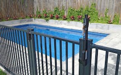 Pool gate with latch and hinge