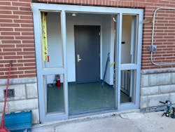 Image 8: The frame is put in the doorway. Note the balsawood boards top left and right holding the frame in place. Image 8: The frame is put in the doorway. Note the balsawood boards top left and right holding the frame in place.