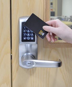Some electronic push-button locks allow for card credentials in addition to entering a code.