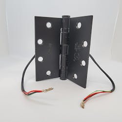 Marray electrified hinge, US800, flat black matte, with the leaves open, 2+4 wire, UL F listed