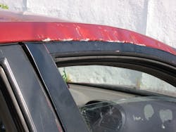 A Kia that came to my shop for other lock work. I doubt whether a locksmith did this, but the fact that the owner of the car accepted this level of damage boggles my mind. A Kia that came to my shop for other lock work. I doubt whether a locksmith did this, but the fact that the owner of the car accepted this level of damage boggles my mind.