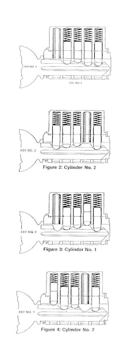 As seen on a sample KABA Gemini cylinder, a master key would require a high cut to correspond with an empty chamber. As seen on a sample KABA Gemini cylinder, a master key would require a high cut to correspond with an empty chamber.