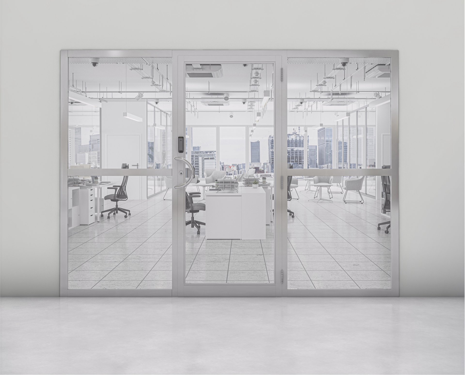 Inside office door application, wireless deadlatch with reader and trim