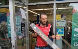 Photo 1. Sagging door needs geared continuous hinge Photo 1. Sagging door needs geared continuous hinge