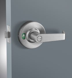 Arrow cylindrical indicator lock. The green open padlock on the rose means the room is unoccupied.