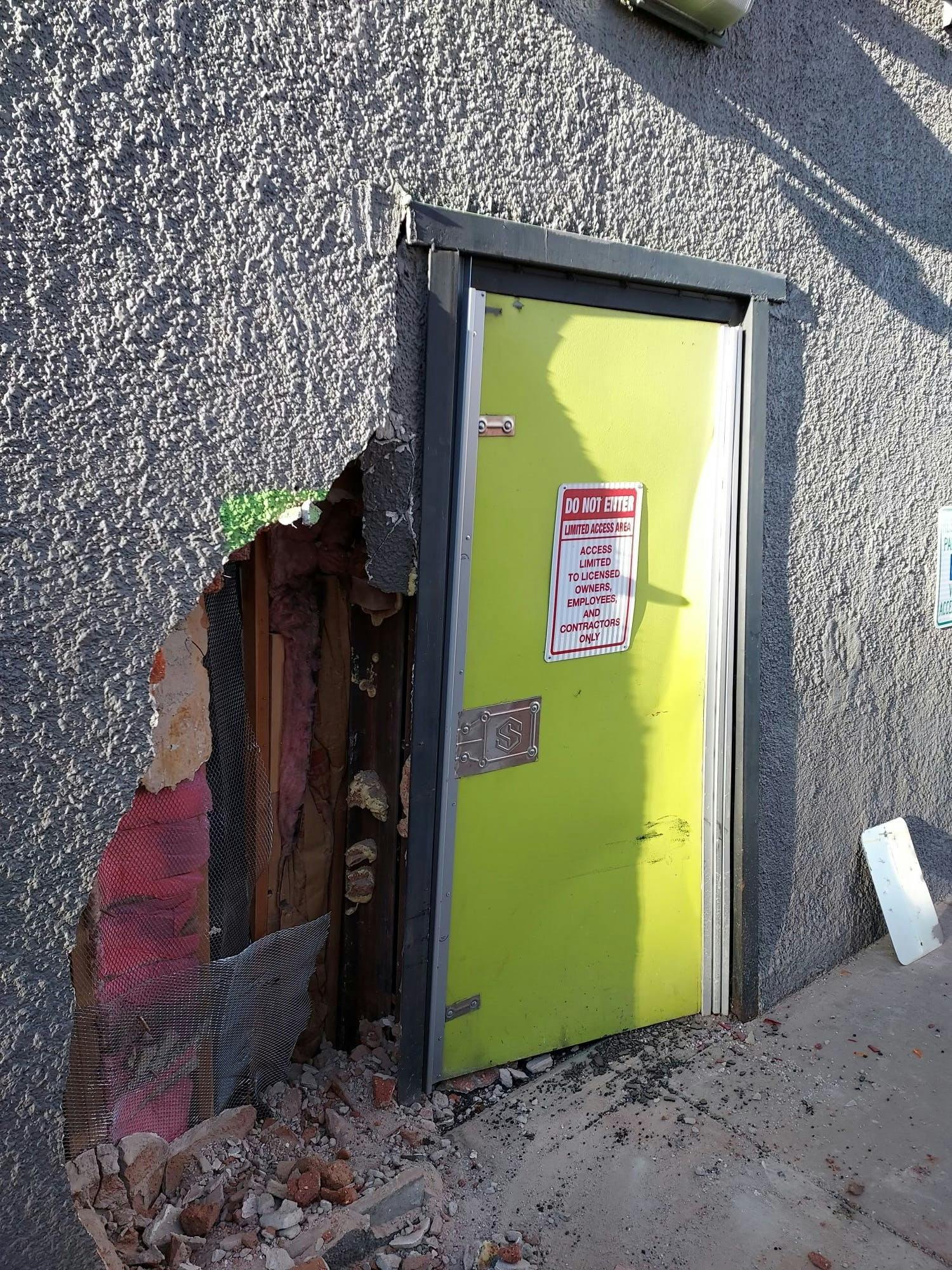 Securitech&rsquo; s Trident multi-point exit lock is effective in preventing forced entry., even if the wall is not!