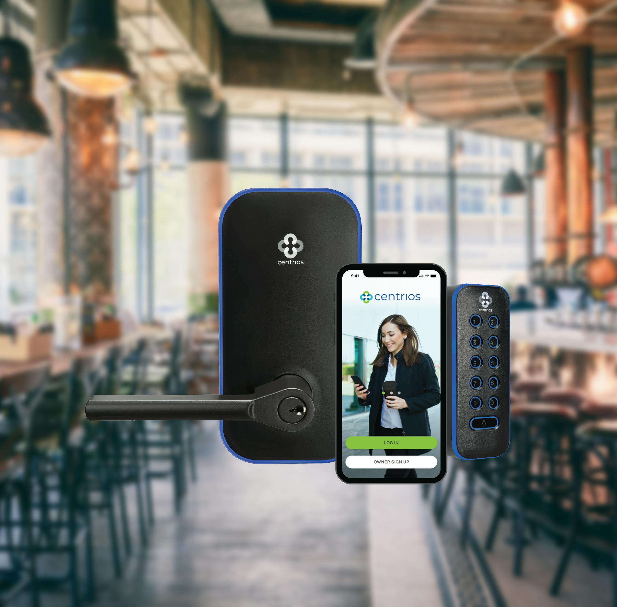 Centrios lock on coffee shop door can be operated via smartphone