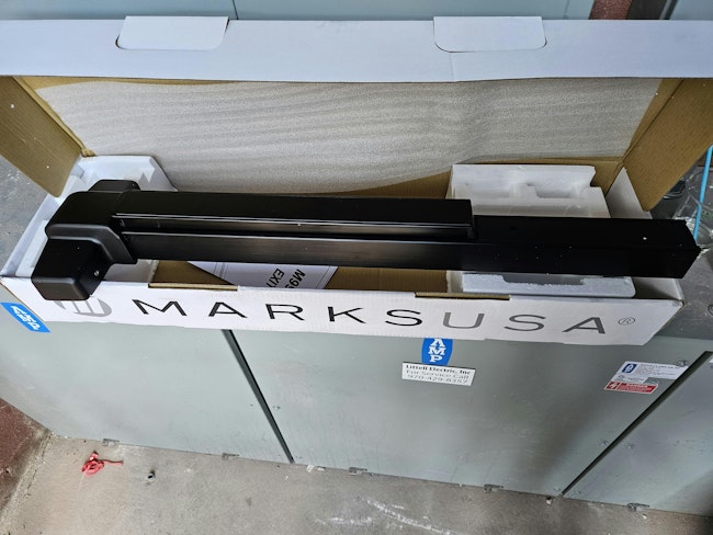 1. Marks USA 9900 exit device, ready for installation