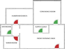 Medeco M4 bilevel floor plan. Red is high security and green is medium security, Medeco M4 bilevel floor plan. Red is high security and green is medium security,