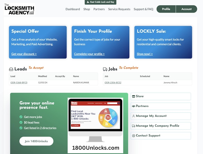 Locksmith Agency Dashboard showing leads and jobs