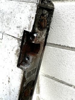 Bracket still in the door. On this door, we were going to use a continuous hinge so it was removed Bracket still in the door. On this door, we were going to use a continuous hinge so it was removed