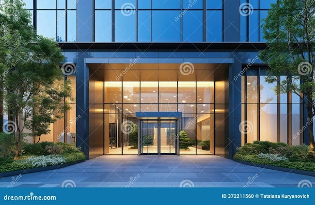 68ae0892e3818dd98783cea2 Moderncommercialbuildingentranceglassfacadelandsca