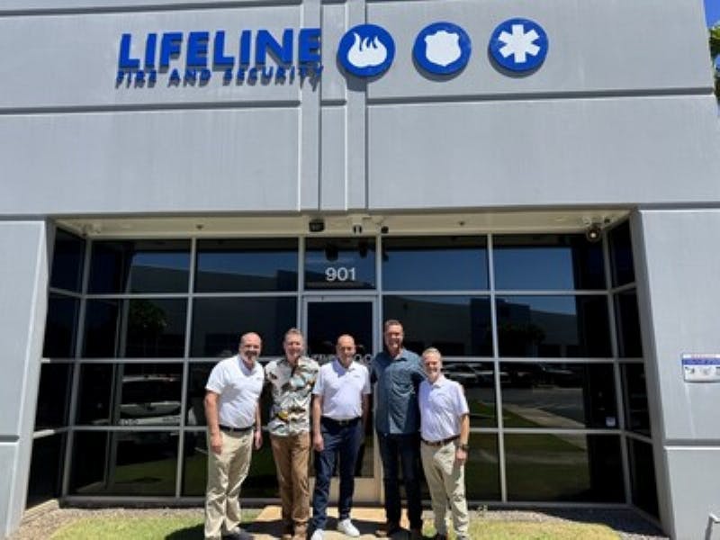 Leadership from Pye-Barker Fire & Safety and Lifeline Fire & Security, including (l to r) Justin Merrick, Todd Bedford, Jason Uhrich, Stuart Lowe and Jeremy Bates.