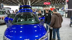 A Kia is on display at the 2025 Detroit Auto Show. A Kia is on display at the 2025 Detroit Auto Show.