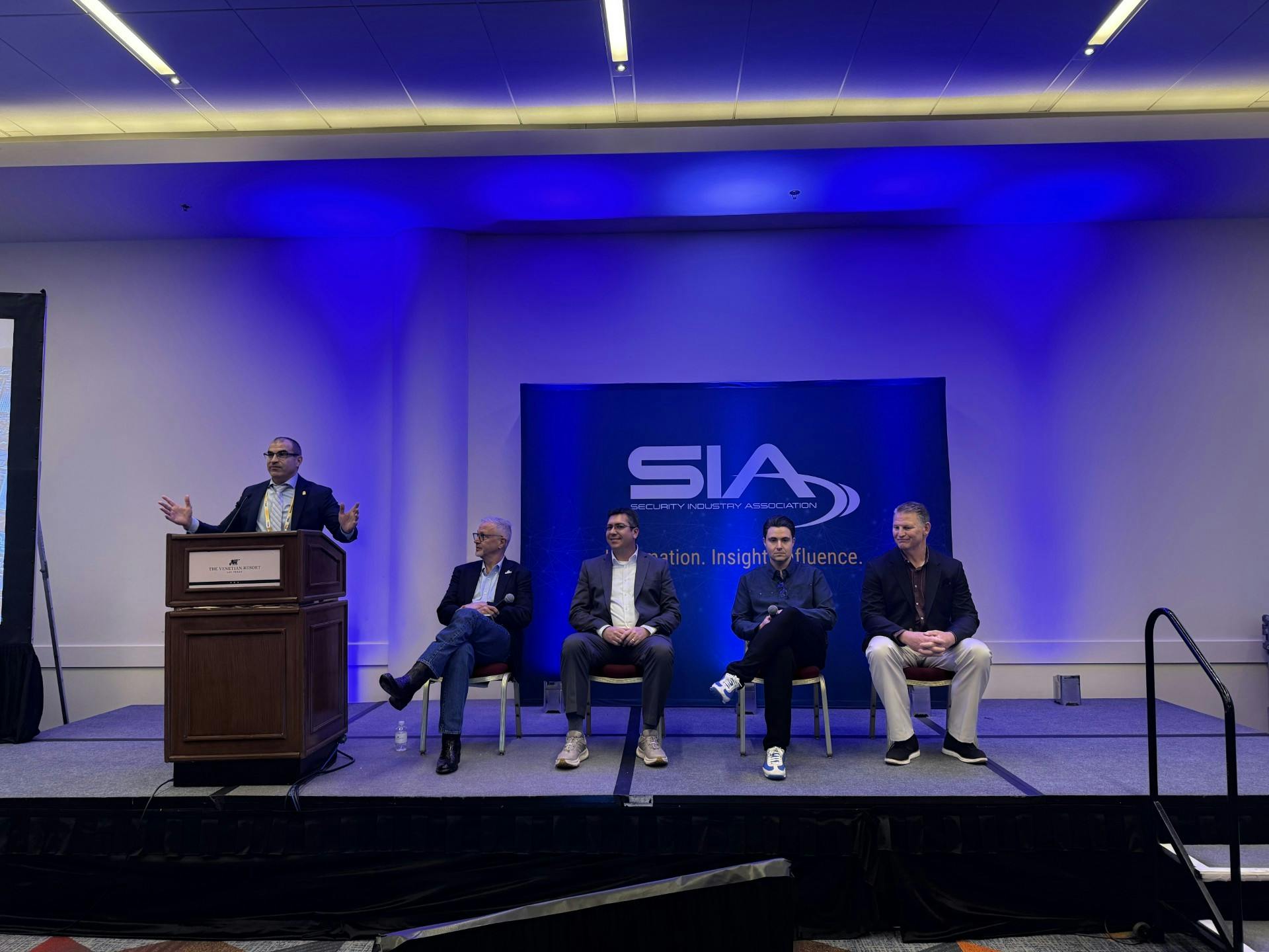 The panel discussion featured (seated from L/R): Vince Ricco, Senior Global Alliances Manager for Wasabi; Dave Stolerow, National Business Manager, Security, Siemens; Phil Coppola, Business Development Director for Mobile Solutions, HID; Erick Reynolds, National Business Development Team Lead, Hanwha.